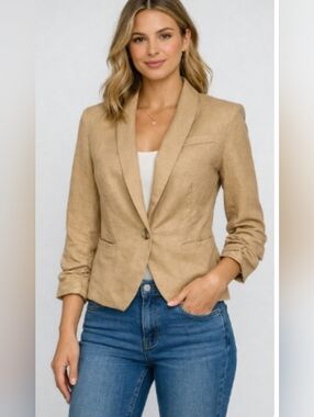 Gibson Linen Blazer S Tan 3/4 Ruched Sleeve Shawl Collar Floral Lined Capsule